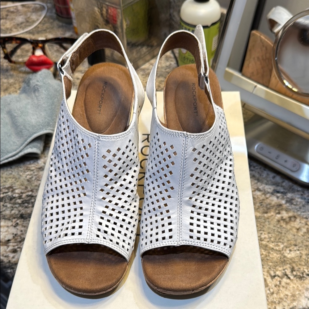 Rockport White and Brown Sandals with Perforated Design